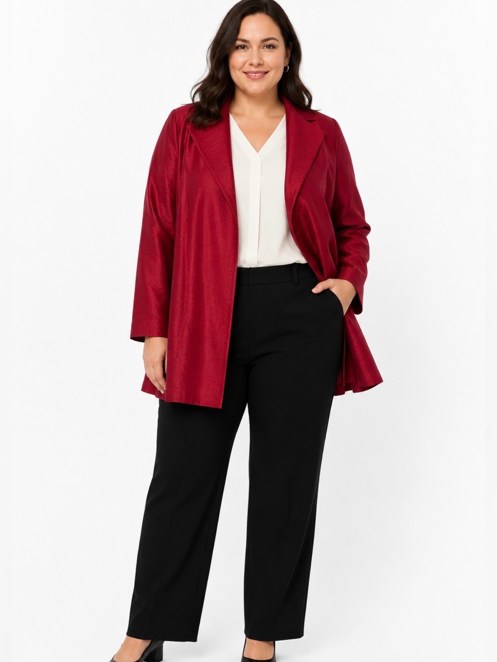 Eileen Fisher Silk Wool Textured Open Blazer Jacket 1X Red Career Party